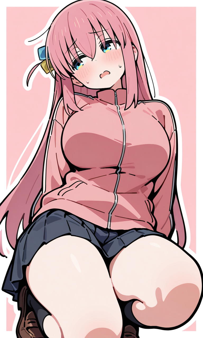 ピンク髪のキャラクターがジャージ姿で座っているイラスト