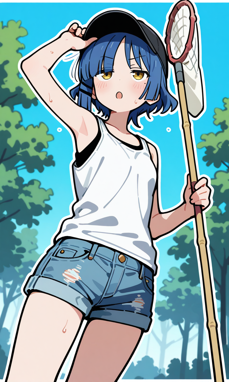 虫取り網を持った青髪のキャラクターのイラスト