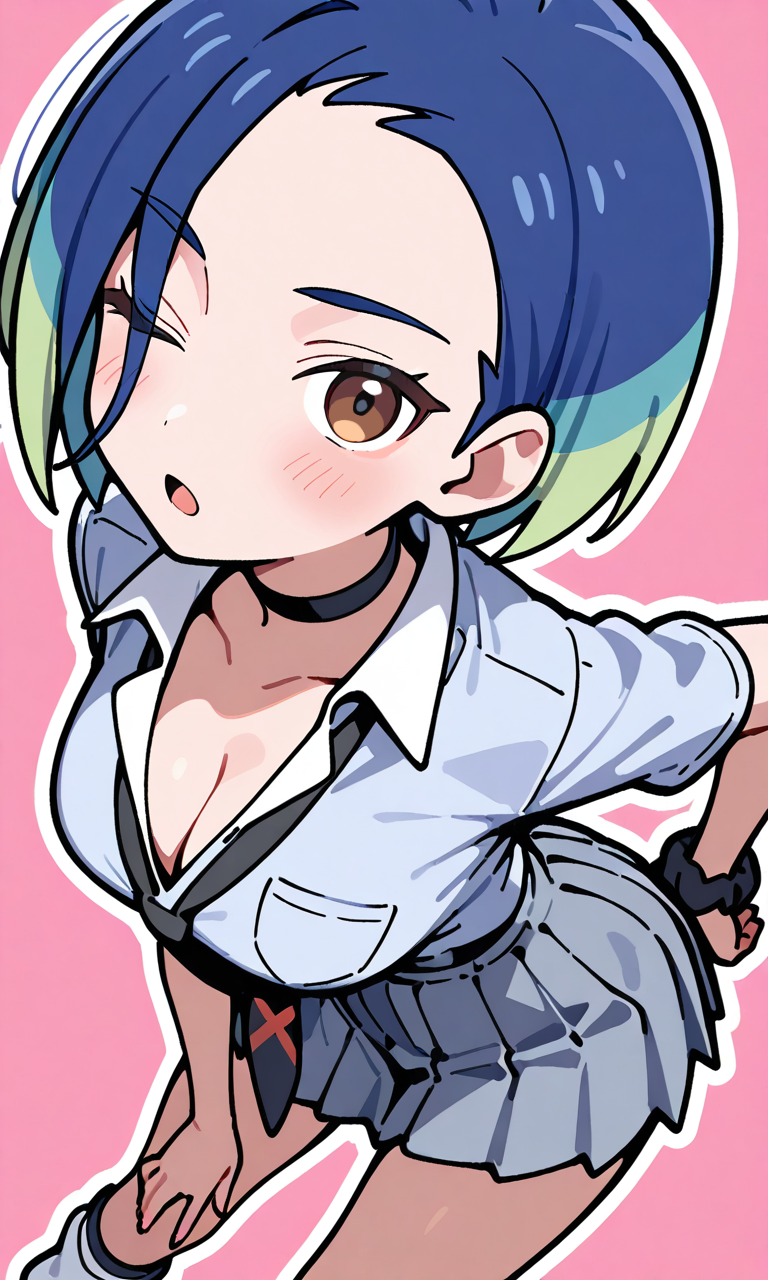 青と緑の髪のキャラクターがウインクしているイラスト