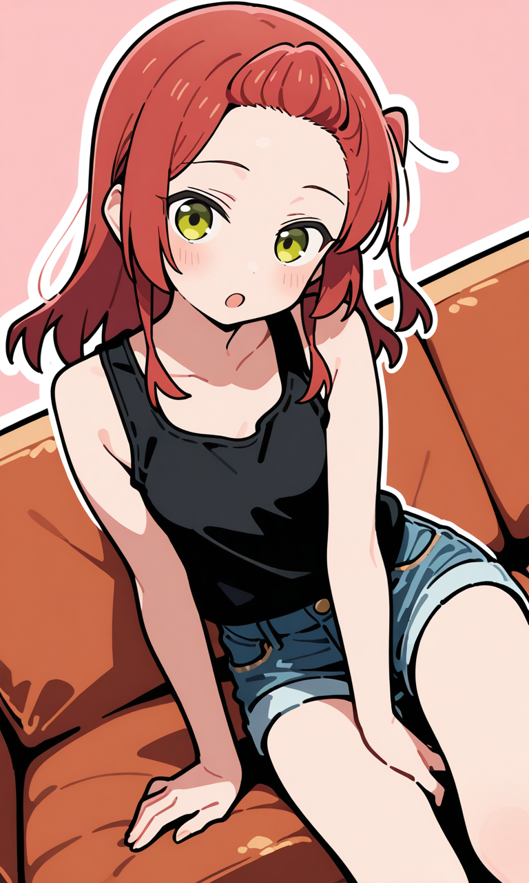 赤い髪のキャラクターがオレンジ色のソファに座っているイラスト